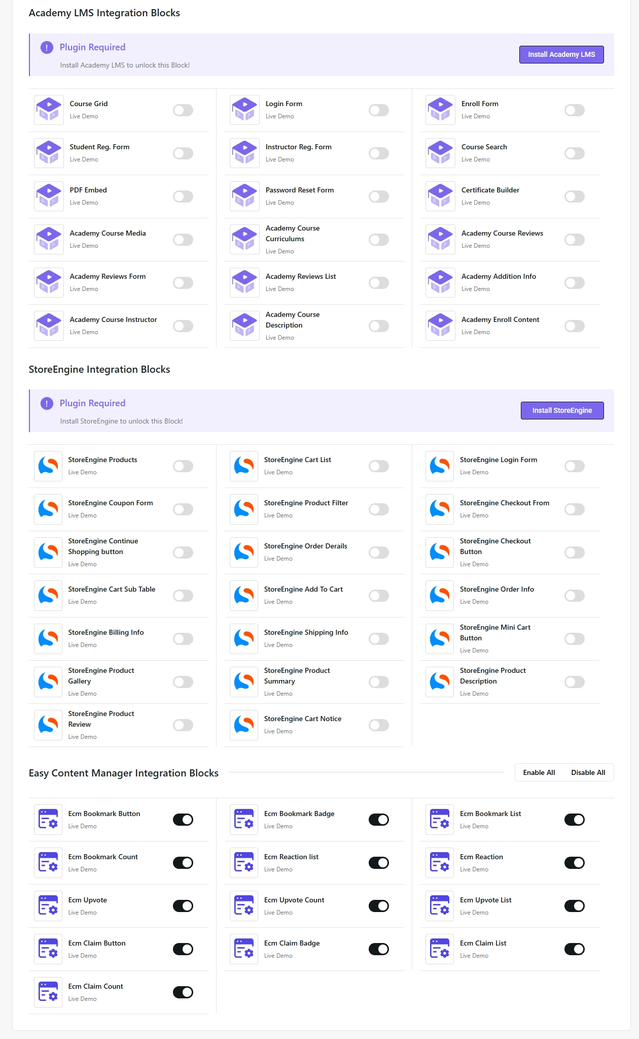 aBlocks Core and Extensions-2 aBlocks Pro integration blocks for Academy LMS and StoreEngine, showing available blocks requiring plugin activation